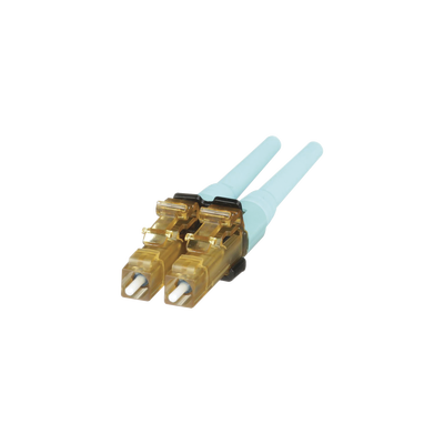 [FLCDMCXAQY] Conector de Fibra Óptica LC Duplex OptiCam, Multimodo 50/125 OM3/OM4, Pre-pulido, Color Aqua