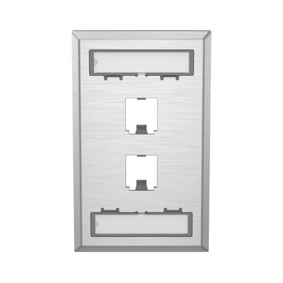 [CFPL2SY] Placa de Pared Vertical, de Acero Inoxidable, Salida Para 2 Puertos Mini-Com, Con Espacios Para Etiquetas
