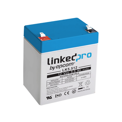 Batería 12 V / 5.5 Ah / UL / Vida útil promedio 5 años / Tecnología AGM / Para uso en equipo electrónico, Alarmas de Intrusión / Incendio/ Control de acceso / Video Vigilancia / Terminales F1 ( Incluye adaptador F