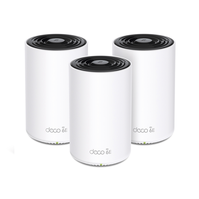 [DECOXE75-3PACK] Kit 3 Routers Inalámbricos MESH Interior para Hogar / Doble Banda Wi-Fi 6E AX5400 Mbps / 3 Puerto Gigabit WAN/LAN / 4 Antenas Internas / Administración Mediante la App Deco (iOS, Android) / Protección HomeShield