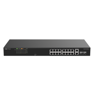 [RG-ES118FGS-LP] Switch PoE+ no Administrable, Hasta 120 Watts, Ideal para CCTV, 16 Puertos PoE +10/100, 2 Uplinks Gigabit y 2 SFP COMBO