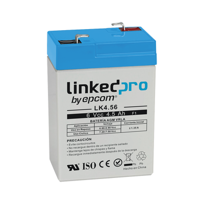[LK4.56] Batería 6 V / 4.5 Ah / UL / Tecnología AGM / Vida útil promedio 5 años / Para uso en equipo electrónico, Alarmas de Intrusión / Incendio/ Control de acceso / Video Vigilancia / Terminales F1 ( Incluye adaptador F2