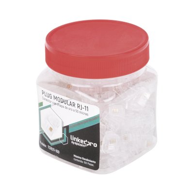 [TCRJ11-100] Bote con 100 Piezas de Plug Modular Tipo RJ11 de 4 Contactos Chapado de Oro a 50 Micras