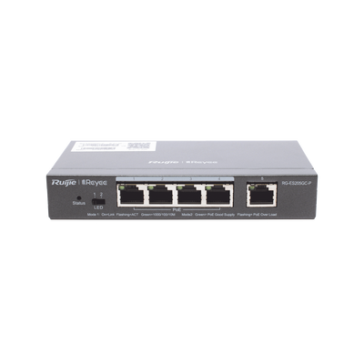 [RG-ES205GC-P] Switch Administrable PoE con 5 puertos Gigabit, 4 PoE 802.3af/at, gestión gratuita desde la nube, 54w