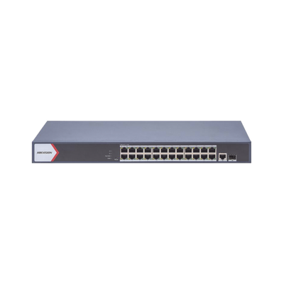 [DS-3E1526P-EI] Switch Gigabit PoE+ / Monitoreable / 24 Puertos 1000 Mbps PoE+ /  1 Puerto 100 uplink / 1 Puerto 1000 Mbps Uplink / 1 Puertos SFP Uplink / Configuración Nube desde Hik-PartnerPro / Modo Extendido hasta 300 Metros / 370 W